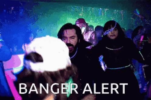 A Group Of People Are Dancing In A Dark Room With Banger Alert Written On The Bottom Right GIF