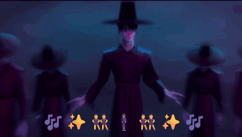 a group of people are dancing in a dark room with music notes surrounding them