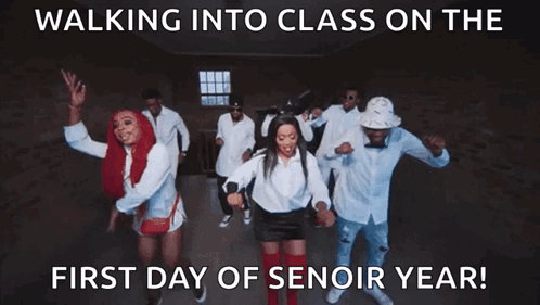 A Group Of People Are Dancing In A Dark Room With The Caption Walking Into Class On The First Day Of Senoir Year GIF