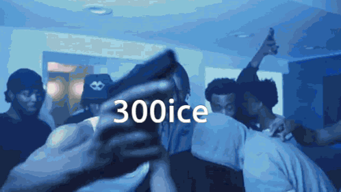 A Group Of People Are Dancing In A Dark Room With The Words 300Ice Written On The Bottom GIF