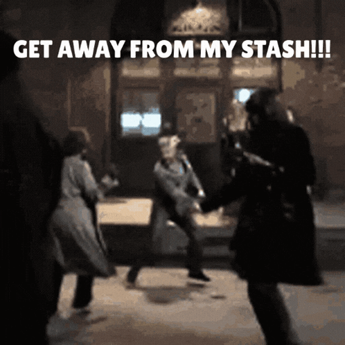 A Group Of People Are Dancing In A Dark Room With The Words Get Away From My Stash GIF