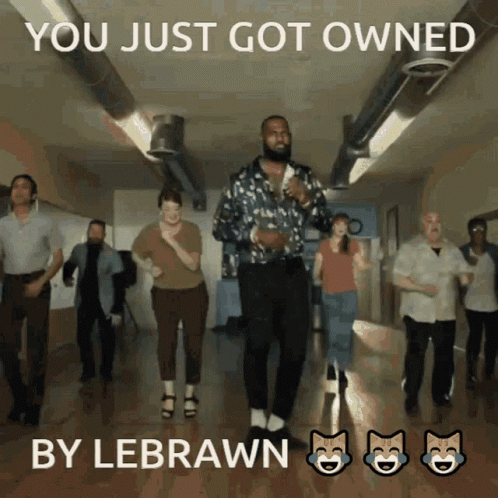 A Group Of People Are Dancing In A Hallway And The Caption Says You Just Got Owned By Lebrawn GIF