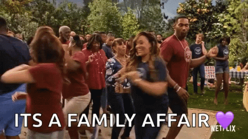 A Group Of People Are Dancing In A Park With The Words `` It 'S A Family Affair '' Written On The Screen . GIF