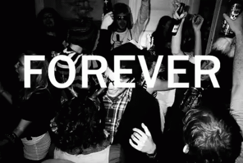 A Group Of People Are Dancing In A Room With The Word Forever Written In White GIF