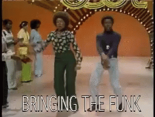 A Group Of People Are Dancing In A Room With The Words Bringing The Funk Above Them . GIF