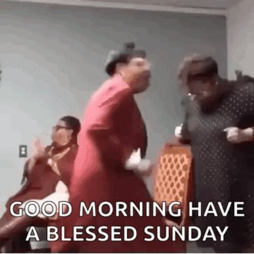 A Group Of People Are Dancing In A Room With The Words `` Good Morning Have A Blessed Sunday '' Written On It . GIF