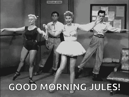 A Group Of People Are Dancing In A Room With The Words `` Good Morning Jules '' On The Bottom . GIF