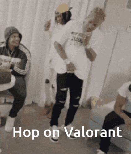 A Group Of People Are Dancing In A Room With The Words Hop On Valorant Above Them GIF
