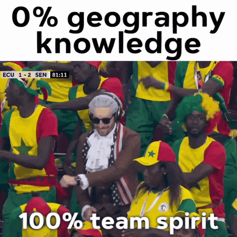 A Group Of People Are Dancing In A Stadium With The Words 0 % Geography Knowledge 100 % Team Spirit On The Bottom GIF