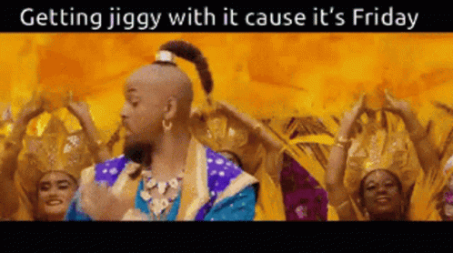 A Group Of People Are Dancing In Front Of A Fire With The Words Getting Jiggy With It Cause It 'S Friday Written Above T GIF