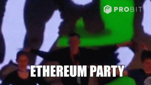 A Group Of People Are Dancing In Front Of A Green Background That Says Etherum Party GIF