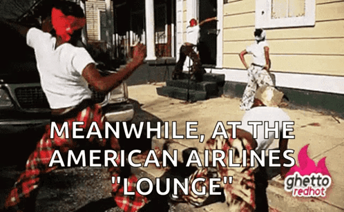 A Group Of People Are Dancing In Front Of A House And The Caption Reads Meanwhile At The American Airlines Lounge GIF