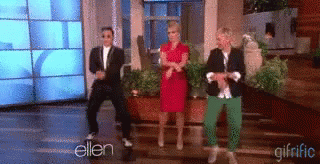 A Group Of People Are Dancing In Front Of A Screen That Says Ellen GIF