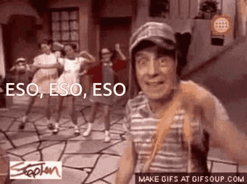 A Group Of People Are Dancing In Front Of A Sign That Says " Eso " GIF