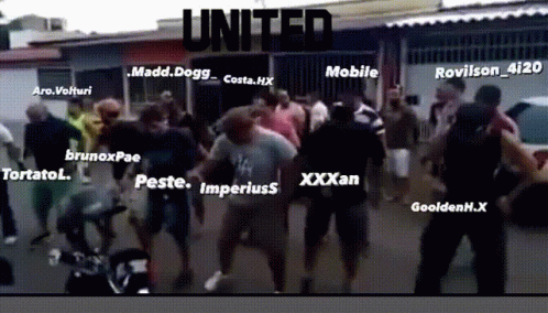 A Group Of People Are Dancing In Front Of A Sign That Says United On It GIF