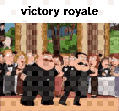A Group Of People Are Dancing In Front Of A Sign That Says Victory Royale . GIF