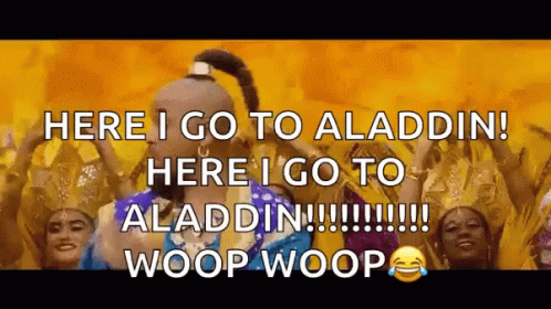 A Group Of People Are Dancing In Front Of A Yellow Background With The Words Here I Go To Aladdin Here I Go To Aladdin . GIF