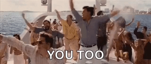 A Group Of People Are Dancing On A Boat With The Words `` You Too '' Written Above Them . GIF