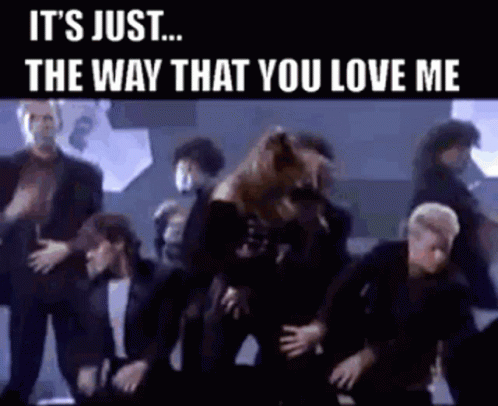A Group Of People Are Dancing On A Stage With A Caption That Says `` It 'S Just ... The Way That You Love Me '' GIF
