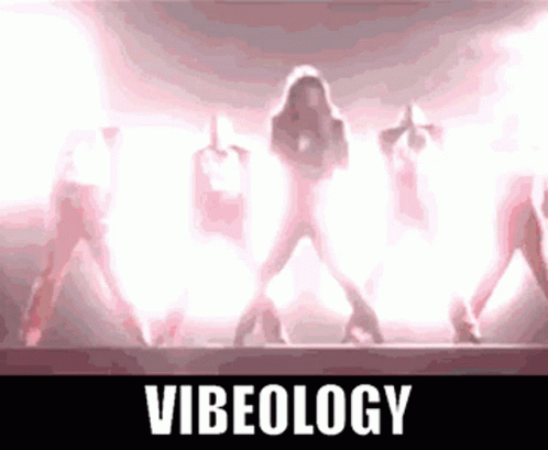 A Group Of People Are Dancing On A Stage With The Word Vibeology Written On The Bottom GIF