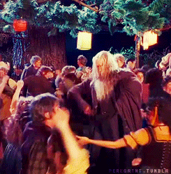 A Group Of People Are Dancing Under A Tree With Lanterns Hanging From It GIF