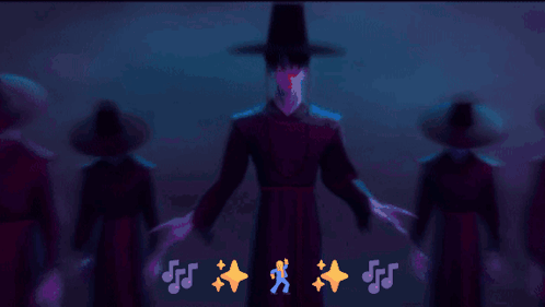 a group of people are dancing with a purple background