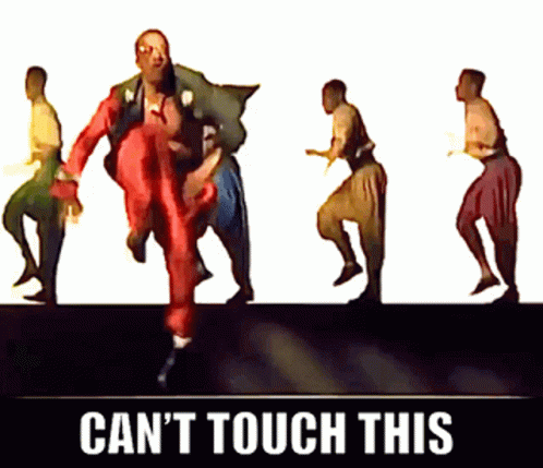 A Group Of People Are Dancing With The Words " Can 'T Touch This " On The Bottom GIF
