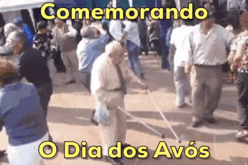 A Group Of People Are Dancing With The Words Comemorando O Dia Dos Avos On The Bottom GIF