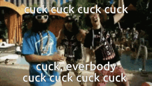 A Group Of People Are Dancing With The Words Cuck Cuck Cuck Cuck Cuck GIF