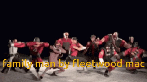 A Group Of People Are Dancing With The Words Family Man By Fleetwood Mac Written In Yellow GIF