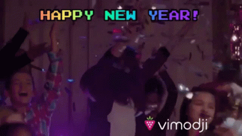 A Group Of People Are Dancing With The Words Happy New Year Written In The Background GIF
