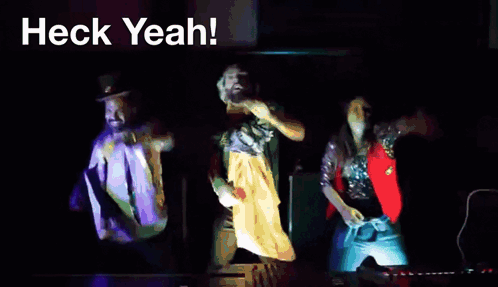 A Group Of People Are Dancing With The Words Heck Yeah Behind Them GIF
