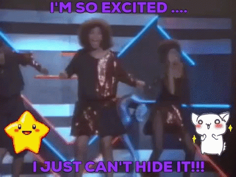 A Group Of People Are Dancing With The Words I 'M So Excited I Just Can T Hide It GIF