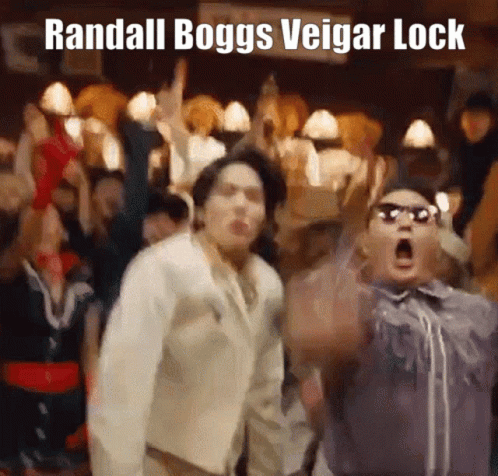 A Group Of People Are Dancing With The Words Randall Boggs Veigar Lock Written Above Them GIF