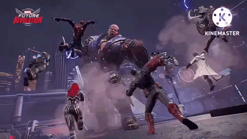 A Group Of People Are Fighting Each Other In A Video Game Called Marvel Future Revolution . GIF