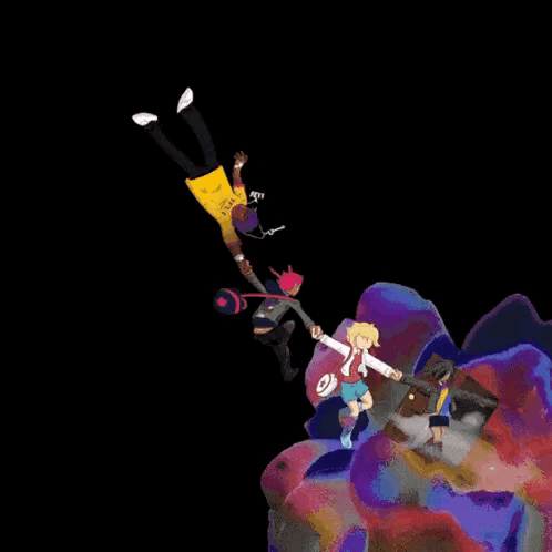 A Group Of People Are Flying Through The Air In A Cartoon . GIF