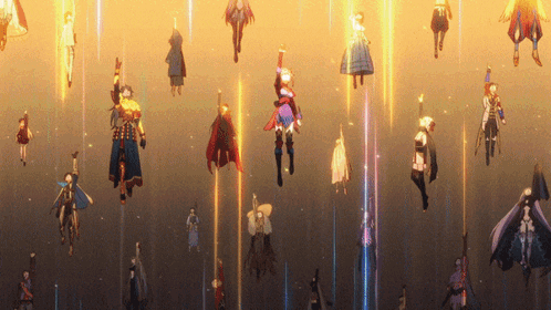 A Group Of People Are Flying Through The Air With Glowing Lights Behind Them GIF