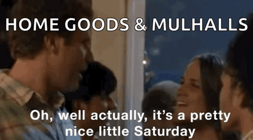 A Group Of People Are Gathered In A Room With The Words Home Goods & Mulhalls On The Bottom GIF