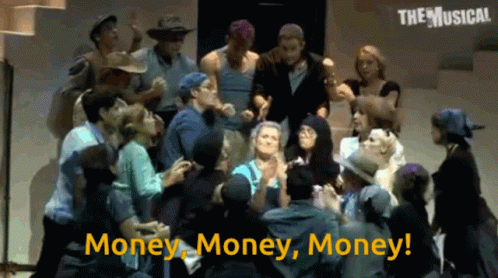 A Group Of People Are Gathered In A Room With The Words Money Money Money Written On The Bottom GIF