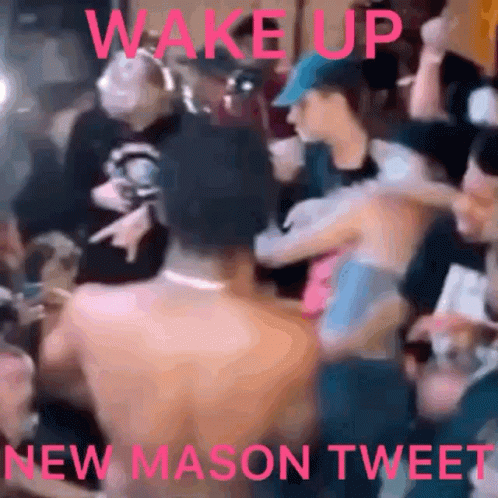A Group Of People Are Gathered In A Room With The Words Wake Up New Mason Tweet On The Bottom GIF