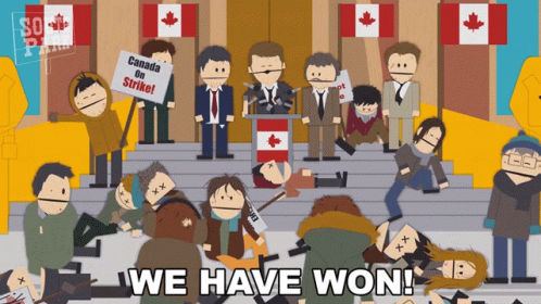 A Group Of People Are Gathered In Front Of A Building With A Sign That Says Canada On Strike GIF