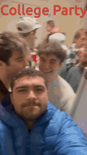 A Group Of People Are Gathered In Front Of A College Party Sign GIF