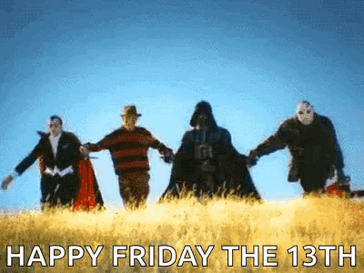 A Group Of People Are Holding Hands In A Field With The Words Happy Friday The 13Th Written On The Bottom GIF