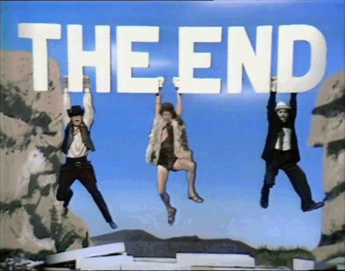 A Group Of People Are Jumping In The Air With The Words The End Behind Them GIF