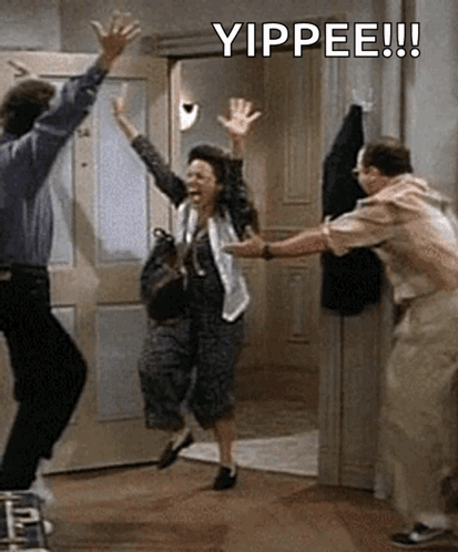 A Group Of People Are Jumping In The Air With The Words Yippee In The Corner . GIF