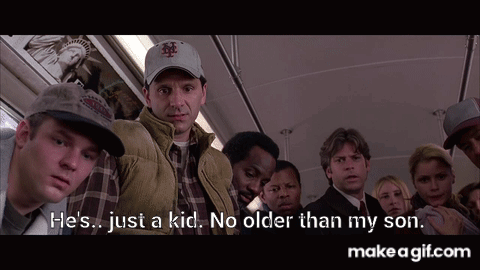 A Group Of People Are On A Bus And One Of Them Is Wearing A Ny Yankees Hat GIF