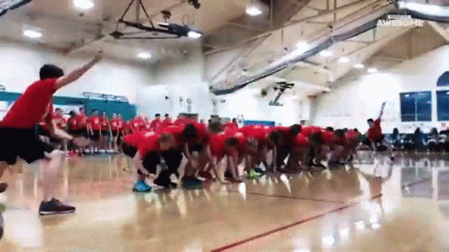 A Group Of People Are Playing A Game Of Tug Of War In A Gym . GIF