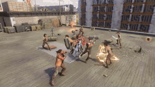 A Group Of People Are Playing A Video Game On A Rooftop With A Building In The Background GIF