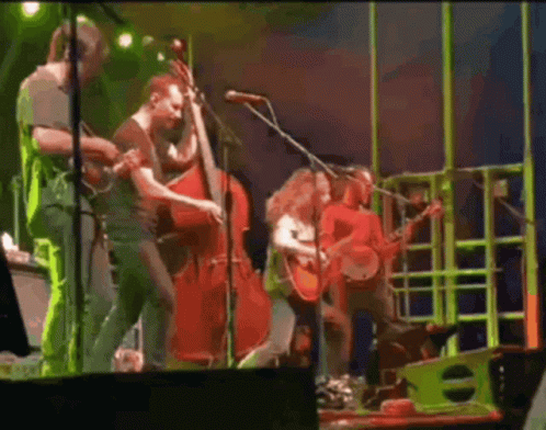 a group of people are playing instruments on a stage and singing into microphones .
