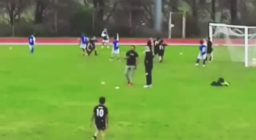 A Group Of People Are Playing Soccer On A Field With A Goal . GIF
